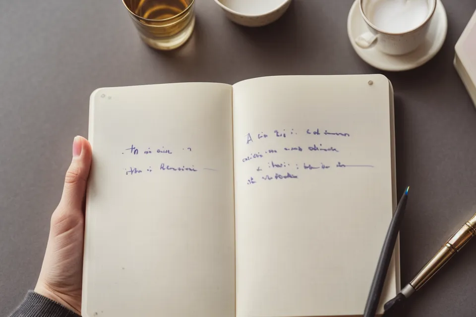 Persona tomando apuntes de comunicación oral y calentamiento vocal en una libreta antes de una llamada
