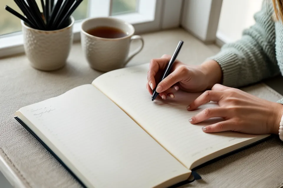 Manos escribiendo reflexivamente en una libreta de papel rugoso