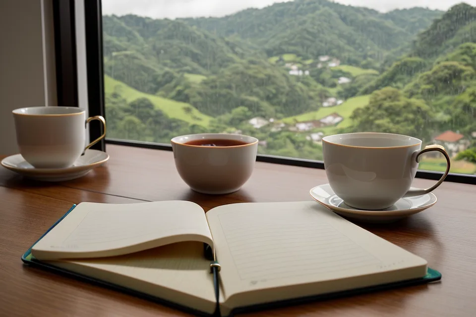 Vista de Medellín desde una ventana en un día lluvioso con una taza de té