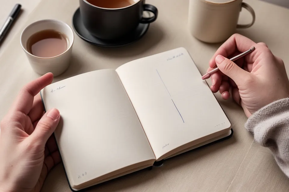 Mano escribiendo despacio en un cuaderno personal sobre desarrollo de habilidades para superar la introversión laboral