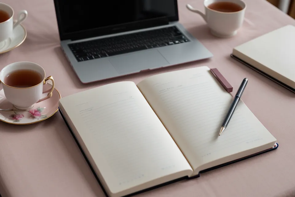 Diario de comunicación para mejorar la fluidez verbal: libreta abierta junto al teclado antes de una llamada de customer success